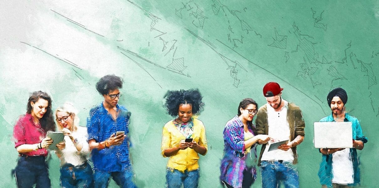 Diverse young adults using electronic devices