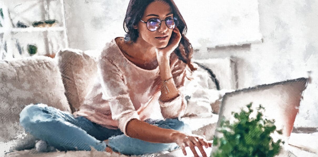 Surfing,The,Net.,Thoughtful,Young,Woman,In,Eyewear,Using,Computer
