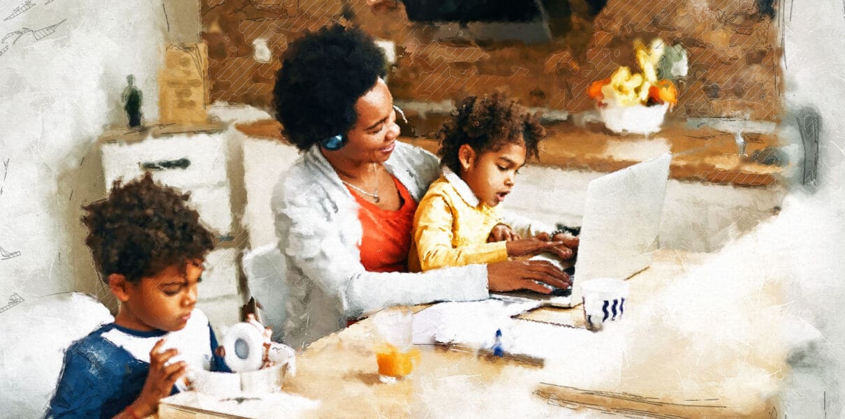 Happy,African,American,Working,Mother,Using,Laptop,While,Small,Daughter